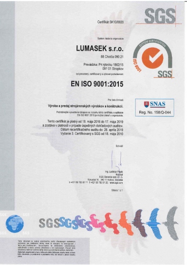 Lumasek, s.r.o. EN ISO 9001:2015 Certifikáty