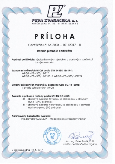 Lumasek, s.r.o. STN EN ISO 9001:2009 a STN EN ISO 3834 - 2:2006  Certifikáty
