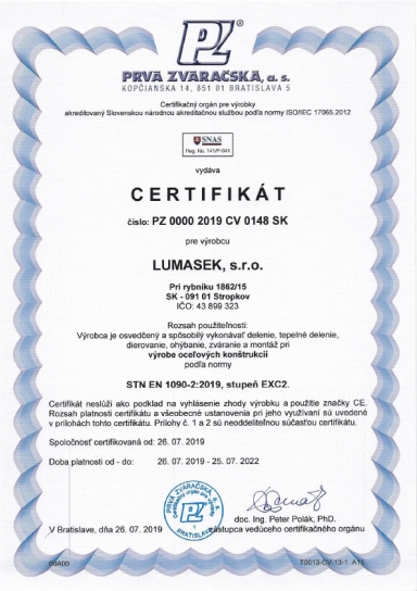 Lumasek, s.r.o. CE EN 1090 Certifikáty