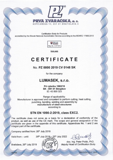 Lumasek, s.r.o. CE EN 1090 Certificates
