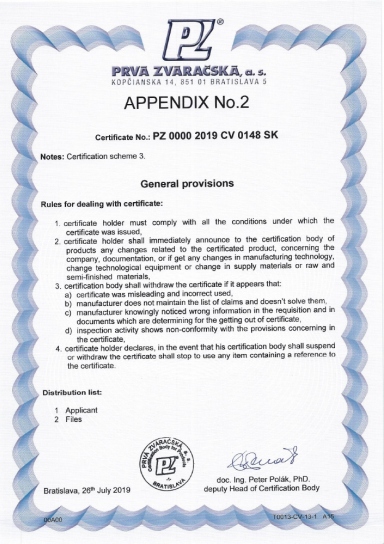 Lumasek, s.r.o. CE EN 1090 - appendix no.2 Certificates